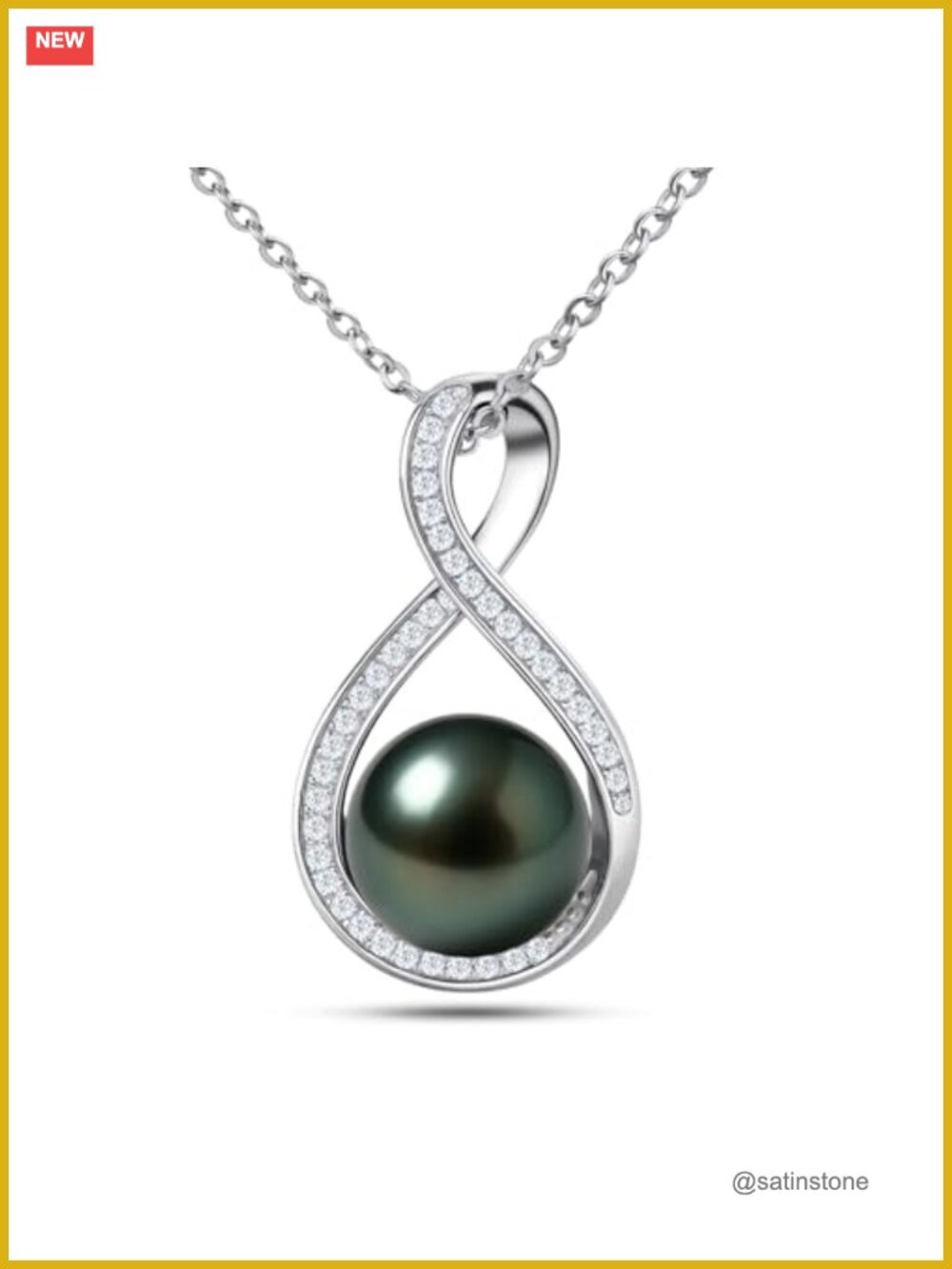 Tahitian Black Pearl Necklace 925 Sterling Silver 18K White Gold Plated